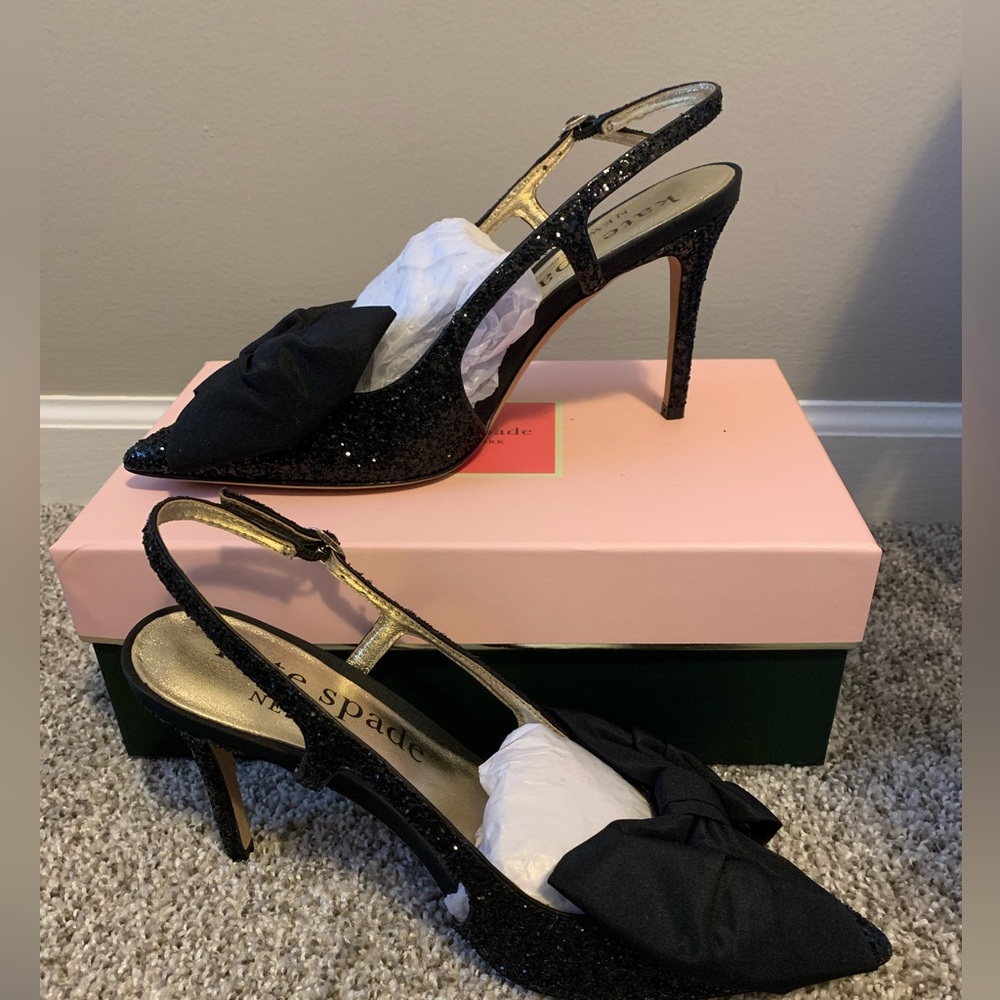 NIB Kate Spade Black Glitter Heels with Bow